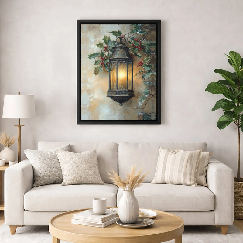 Winter Holly Berry Canvas Print, Christmas Lantern Canvas Wall Art, Glowing Holiday Scene Poster, Xmas Decor Digital Download