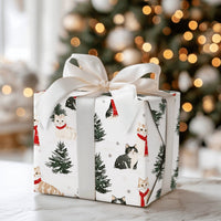 Comfy Winter Scarf Kitten Gift Wrap, Christmas Cat Wrapping Paper, Festive Pine Tree Wrapping Paper, Adorable Holiday Cat Lover Gift Wrap