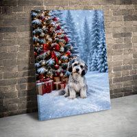 Puppy by Snowy Christmas Tree Print, Schnauzer Christmas Canvas Wall Art, Winter Dog Holiday Canvas, Festive Schnauzer Wall Decor