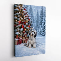 Puppy by Snowy Christmas Tree Print, Schnauzer Christmas Canvas Wall Art, Winter Dog Holiday Canvas, Festive Schnauzer Wall Decor