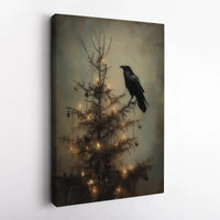 Dark Academia Holiday Canvas Print, Gothic Crow Christmas Tree Canvas, Spooky Raven Winter Wall Art, Moody Gothic Xmas Canvas Wall Decor