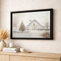 Winter Farmhouse Print, Snowy White Barn Christmas Canvas Wall Art, Rustic Lit Tree Digital Download, Holiday Home Decor Present