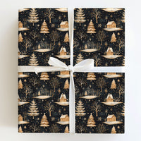 Forest Tree Holiday Gift Wrap, Golden Winter Cabin Wrapping Paper, Rustic Christmas Night Present Wrap, Dark Aesthetic Gift Wrapping Paper