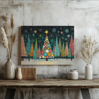 Colorful Night Snow Forest Print, Whimsical Christmas Tree Canvas Wall Art, Festive Holiday Decor, Digital Download Printable