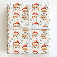 Adorable Woodland Animal Gift Wrap, Watercolor Fox Christmas Wrapping Paper, Santa Hat Winter Fox Wrapping Paper, Festive Holiday Gift Wrap Roll