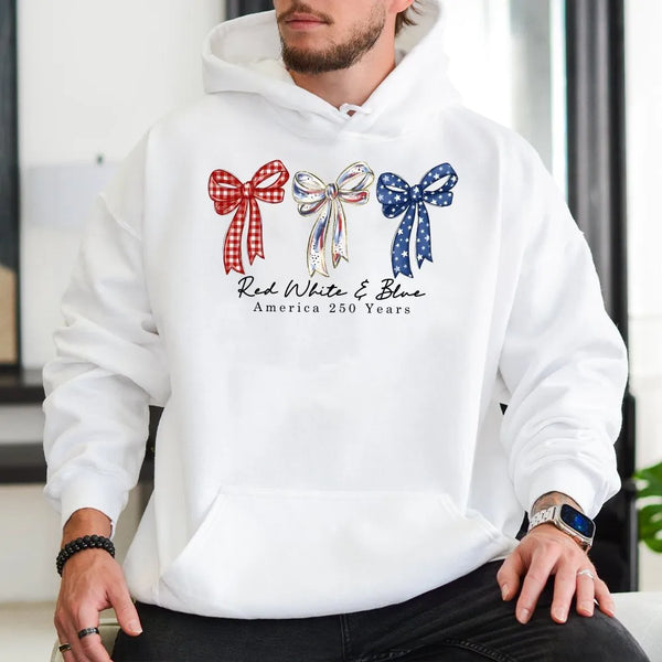 America 250 Years Hoodie | Patriotic Coquette Bow Design Red White Blue | Cotton-Polyester Blend Comfort | Gift for July 4th Celebration