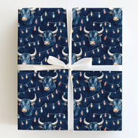 Holiday Lights Bull Gift Wrap, Christmas Bull Wrapping Paper, Festive Bull Wrapping Paper, Farmhouse Cattle Gift Wrap, Winter Holiday Wrap