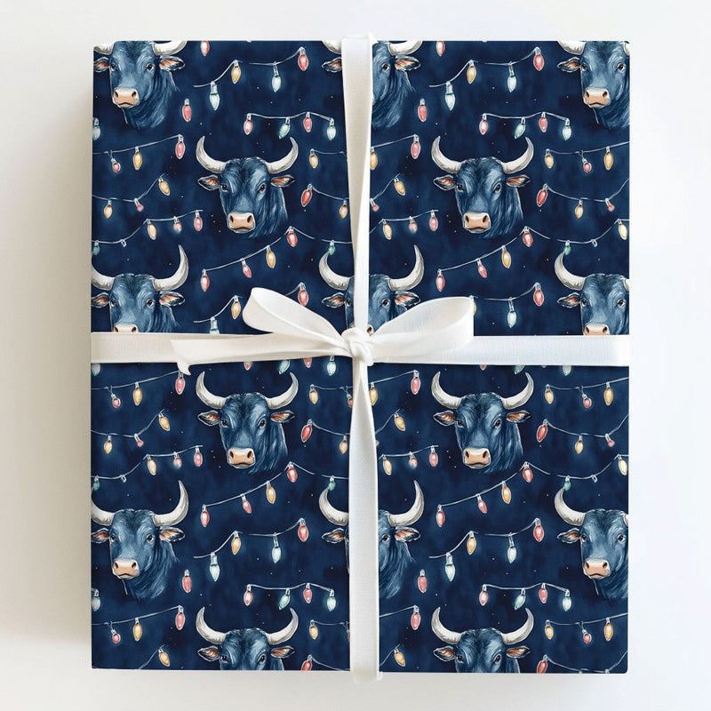 Holiday Lights Bull Gift Wrap, Christmas Bull Wrapping Paper, Festive Bull Wrapping Paper, Farmhouse Cattle Gift Wrap, Winter Holiday Wrap