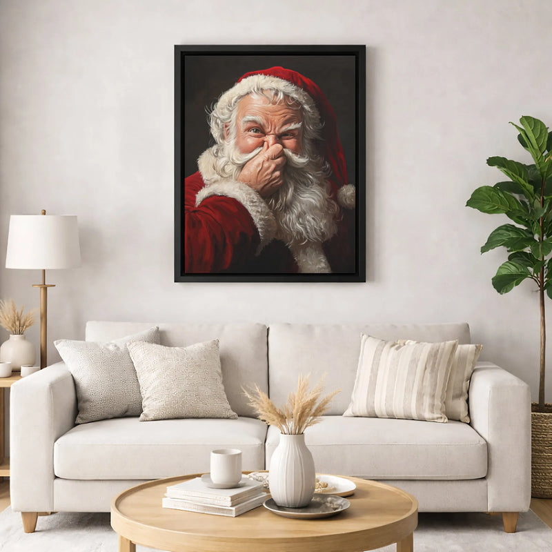 Whimsical Holding Nose Canvas Print, Humorous Santa Claus Canvas Wall Art, Christmas Holiday Portrait Canvas, Xmas Wall Decor, Holiday Present