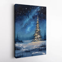 Snowy Starry Night Landscape Print, Christmas Tree Digital Wall Art, Winter Holiday Forest Poster, Festive Printable Home Decor
