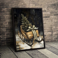 Vintage Wood Sled Canvas Art, Rustic Christmas Sleigh Canvas Print, Holiday Canvas Wall Art, Festive Farmhouse Canvas Decor, Winter Wall Art
