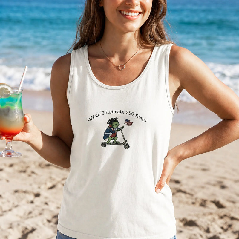 Patriotic Frog Tank Top | 250 Years Celebration Cartoon Frog on Scooter | Soft Breathable Unisex Fabric | Gift for American History Fans