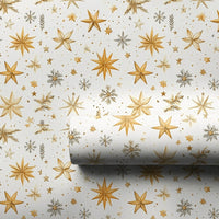 Celestial Snowflake Gift Wrap, Golden Star Christmas Wrapping Paper, Winter Holiday Gift Wrap Roll, Elegant Gold Star Present Paper