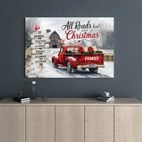 Red Truck Winter Farmhouse Wall Art, Custom Family Name Christmas Canvas, Personalized Holiday Decor, Rustic Winter Wonderland Present