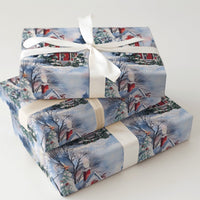 Winter Wonderland Gift Wrap, Snowy Red House Christmas Wrapping Paper, Comfy Cabin Holiday Wrapping Paper, Festive Scenic Gift Wrap Roll