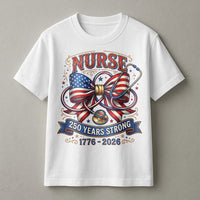 Patriotic Nurse T-Shirt | American Flag Bow Stethoscope 250 Years Strong 1776-2026 | Soft Breathable Cotton Tee | Gift for Nurses on America's 250th