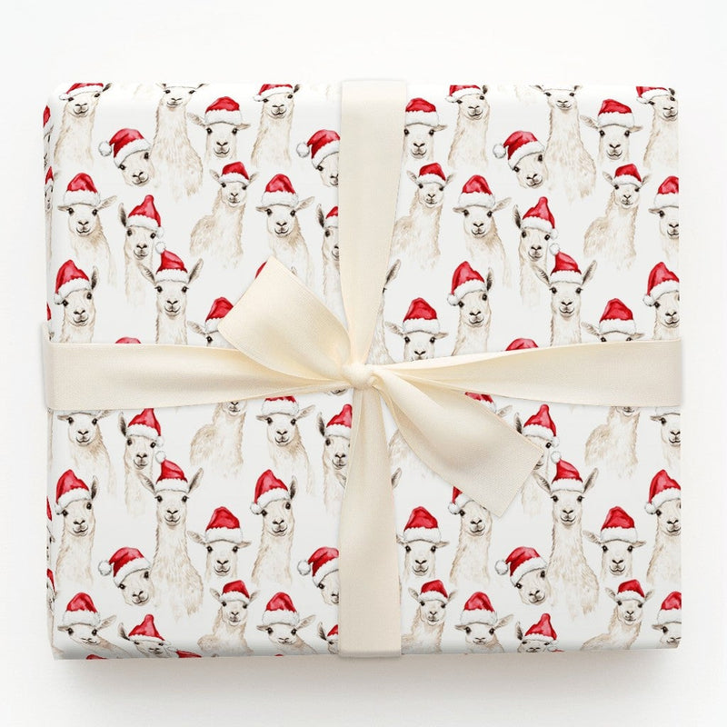 Santa Hat Alpaca Gift Wrap, Watercolor Christmas Llama Wrapping Paper, Adorable Holiday Animal Paper, Festive Winter Present Wrapping Paper