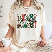 Festive Christmas Tree Typography Tee, Merry and Bright T-Shirt, Holiday Season Graphic Shirt, Xmas Winter Merry Bright T-Shirt