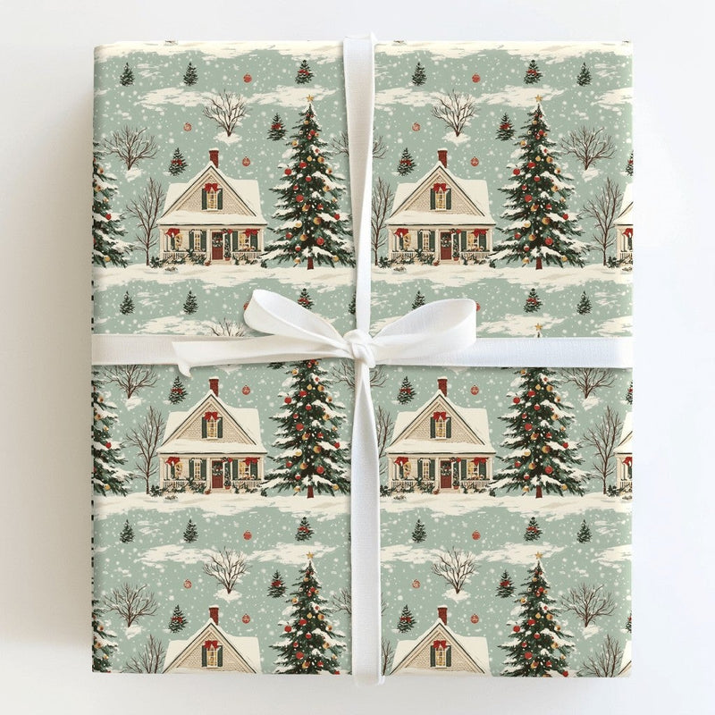 Snowy Pine Tree Holiday Gift Wrap, Vintage Christmas House Wrapping Paper, Nostalgic Winter Wrapping Paper, Xmas Present Wrap