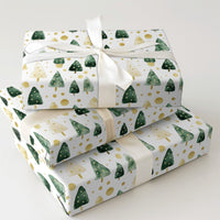 Green and Gold Holiday Gift Wrap, Watercolor Christmas Tree Wrapping Paper, Modern Festive Tree Wrapping Paper, Elegant Xmas Wrapping Paper