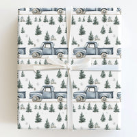 Rustic Winter Forest Gift Wrap, Vintage Blue Truck Christmas Wrapping Paper, Pine Tree Holiday Wrapping Paper, Country Christmas Gift Wrap