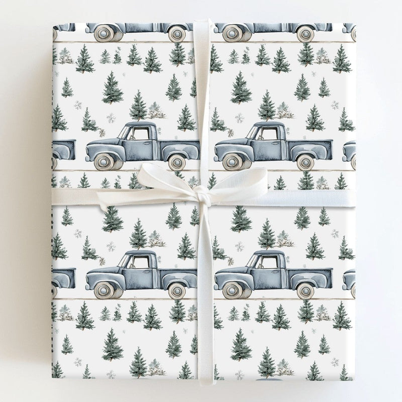 Rustic Winter Forest Gift Wrap, Vintage Blue Truck Christmas Wrapping Paper, Pine Tree Holiday Wrapping Paper, Country Christmas Gift Wrap