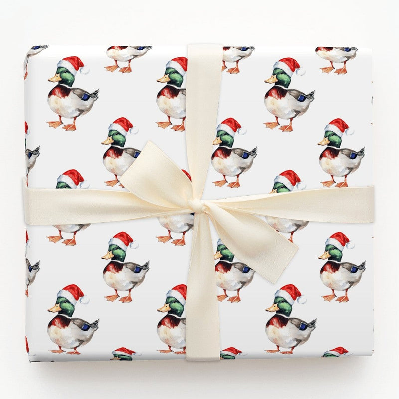 Watercolor Santa Hat Gift Wrap, Mallard Duck Christmas Wrapping Paper, Duck Bird Wrapping Paper Roll, Holiday Wrapping Paper