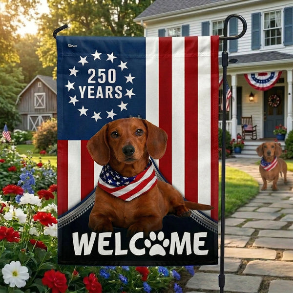 Dachshund Garden Flag Patriotic Welcome | 250 Years Betsy Ross Design | Double-Sided Polyester | Dog Lover Gift