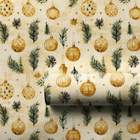 Pine Branch Christmas Gift Wrap, Vintage Gold Ornament Wrapping Paper, Rustic Holiday Present Wrap, Botanical Xmas Gift Wrapping Paper