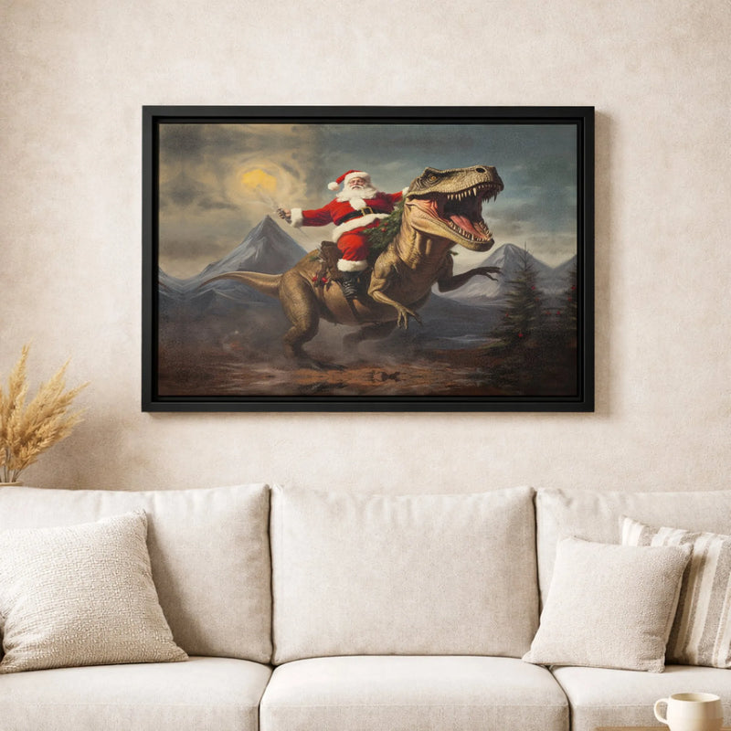 Humorous Dinosaur Christmas Canvas Print, Santa Claus Riding T-Rex Canvas Art, Holiday Dino Wall Decor, Humorous Xmas Canvas, Holiday Home Present