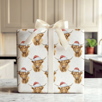 Santa Hat Cow Gift Wrap, Christmas Highland Cow Wrapping Paper, Watercolor Snowflake Wrapping Paper, Rustic Farmhouse Holiday Gift Wrap Roll