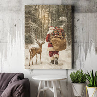 Snowy Forest Christmas Scene Print, Santa and Reindeer Canvas Wall Art, Festive Holiday Farmhouse Decor, Winter Night Santa Canvas Art