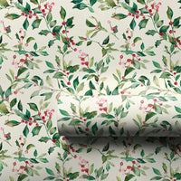 Botanical Winter Leaves Gift Wrap Paper, Watercolor Holly Berry Christmas Wrapping Paper, Traditional Holiday Present Wrap Paper