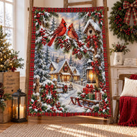 Snowy Cottage Winter Bird Throw Blanket, Red Cardinal Christmas Sherpa Blanket, Plaid Cardinal Fleece Blanket