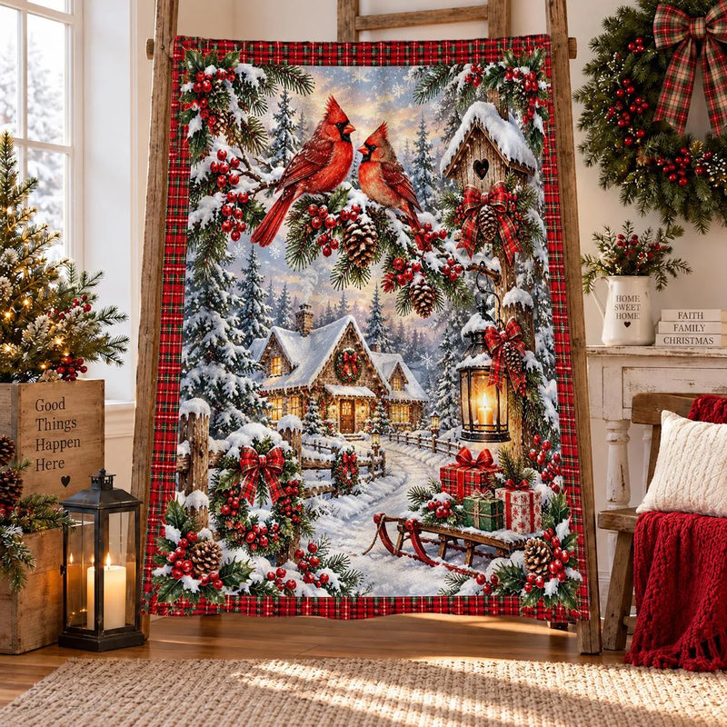 Snowy Cottage Winter Bird Throw Blanket, Red Cardinal Christmas Sherpa Blanket, Plaid Cardinal Fleece Blanket