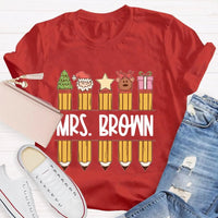 Custom Name Holiday Graphic Tee, Personalized Christmas Pencil Shirt, Adorable Teacher Christmas T-Shirt, Back to School Xmas Season Present