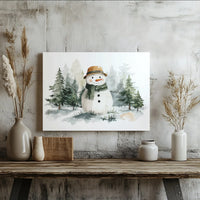 Winter Forest Landscape Canvas, Watercolor Snowman Canvas Wall Art, Snowman Wall Decor, Holiday Canvas Art, Christmas Home Decor Present
