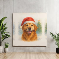 Watercolor Dog Canvas Print, Golden Retriever Christmas Canvas Wall Art, Santa Hat Puppy Wall Art, Holiday Dog Lover Digital Download