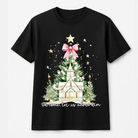 Watercolor Christmas Tree Shirt, Oh Come Let Us Adore Him T-Shirt, Coquette Bow Holiday Tee, Christian Graphic T-Shirt, Xmas Present for Women