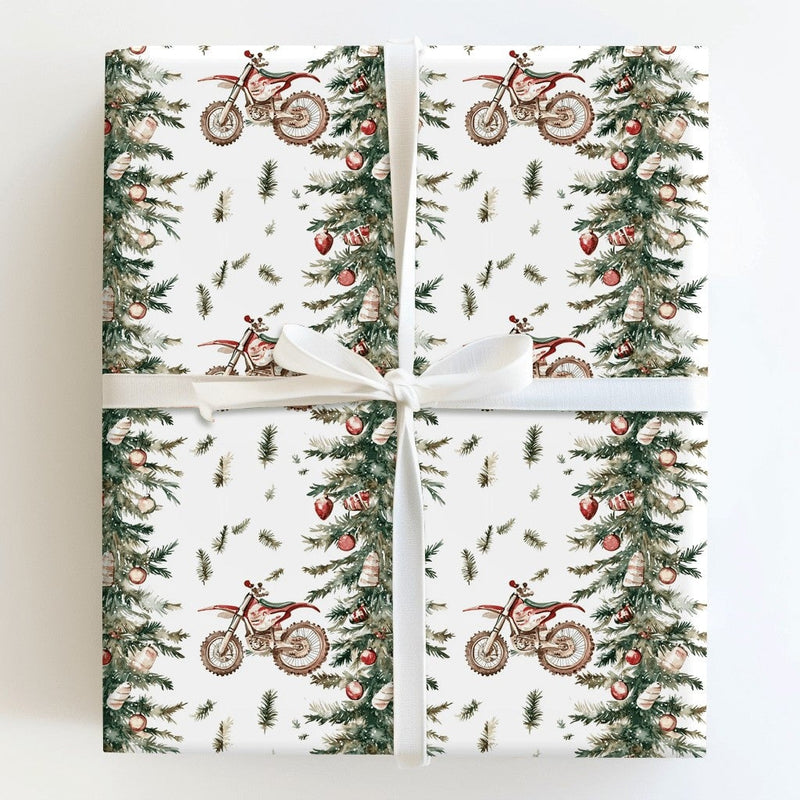 Dirt Bike Holiday Gift Wrap Roll, Motocross Christmas Wrapping Paper, Xmas Tree Motorcycle Present Wrap, Biker Winter Wrapping Paper