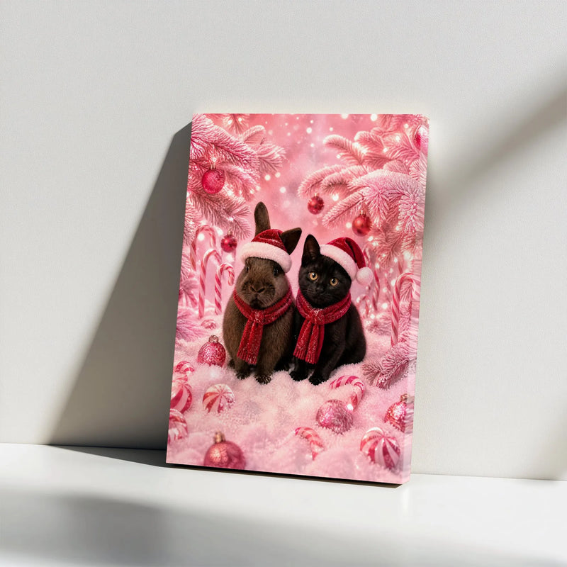 Santa Hat Pets in Candy Cane Wonderland, Christmas Bunny and Black Cat Canvas Print, Holiday Wall Art, Present for Cat and Rabbit Lovers