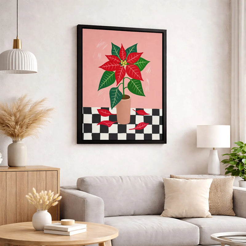 Modern Christmas Botanical Canvas, Pink Poinsettia Wall Art, Festive Checkerboard Poinsettia Print, Holiday Poinsettia Poster, Printable