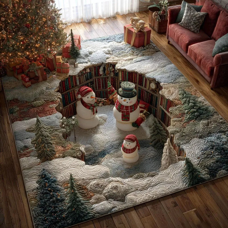 Winter Hollow Pine Tree Rug, 3D Snowman Christmas Area Rug, Adorable Snowmen Holiday Area Rug, Non Slip Washable Floor Rug, Xmas Home Decor