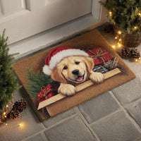 Christmas Dog Welcome Mat, Holiday Cheer Golden Retriever Doormat, Adorable Holiday Puppy Door Mat, Non Slip Winter Entryway Porch Doormat