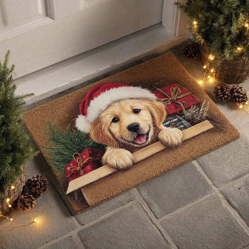 Christmas Dog Welcome Mat, Holiday Cheer Golden Retriever Doormat, Adorable Holiday Puppy Door Mat, Non Slip Winter Entryway Porch Doormat