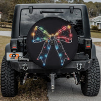 Festive Holiday Ribbon Tire Cover, Christmas Lights Bow Spare Tire Cover, Winter Xmas Spare Tire Cover, Holiday Jeep SUV Car Decor