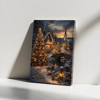 Snowy Church Winter Night Wall Art, Christmas Village Canvas, Christmas Tree Village Print, Holiday Cottage Scene Canvas Art