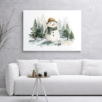 Snowy Pine Forest Winter Landscape, Watercolor Snowman Canvas Wall Art Print, Christmas Holiday Wall Decor, Digital Download