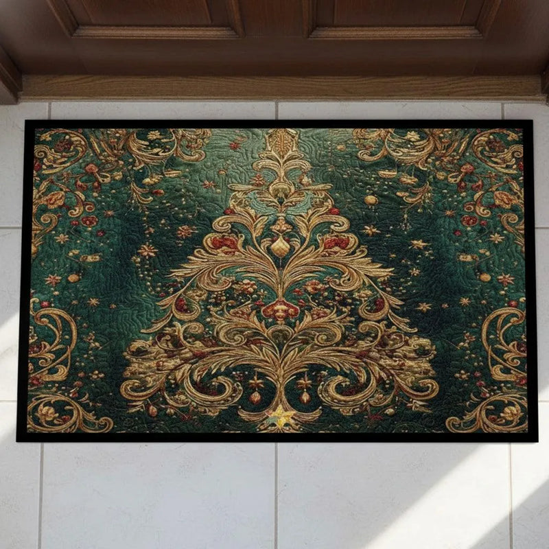 Ornate Scrollwork Tree Welcome Mat, Baroque Gold Tree Christmas Doormat, Elegant Holiday Door Mat, Vintage Winter Porch Entry Mat
