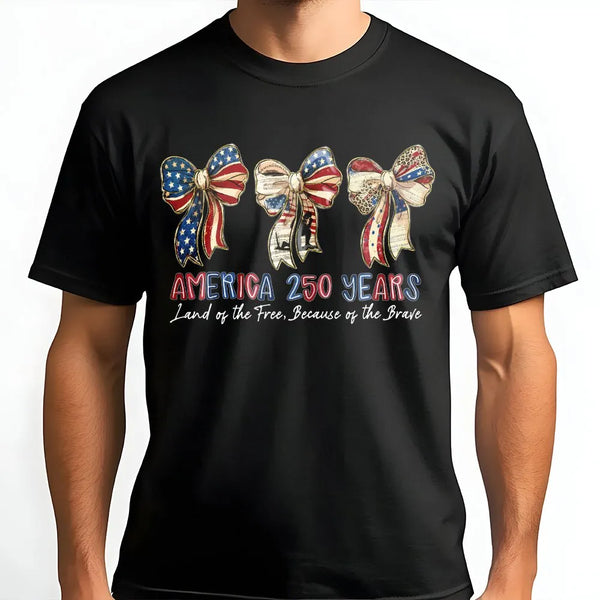 America 250 Years Patriotic Bow T-Shirt | Land of the Free Vintage Americana Art | Soft 100% Cotton Unisex Tee | 4th of July Gift for Patriots